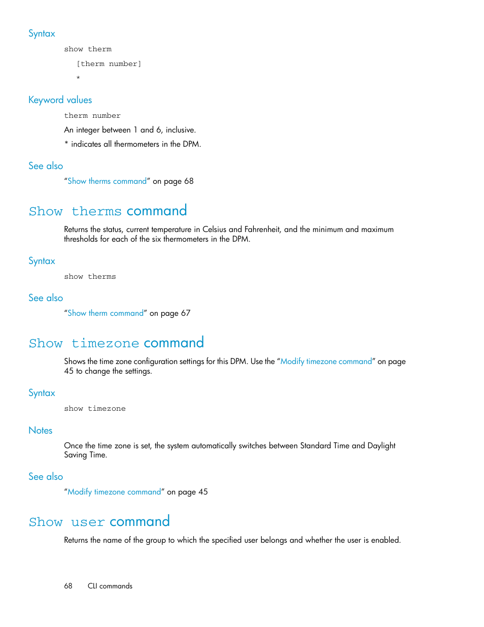 Show therms command, Show timezone command, Show user command | 68 show timezone command, 68 show user command | HP SAN Virtualization Services Platform User Manual | Page 68 / 92