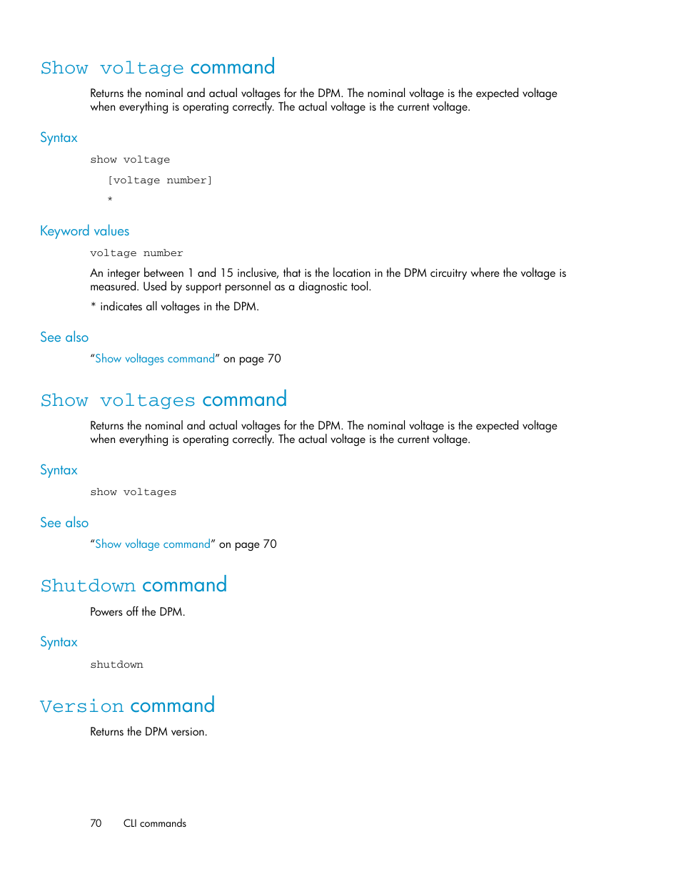 Show voltage command, Show voltages command, Shutdown command | Version command, 70 show voltages command, 70 shutdown command, 70 version command | HP SAN Virtualization Services Platform User Manual | Page 70 / 92