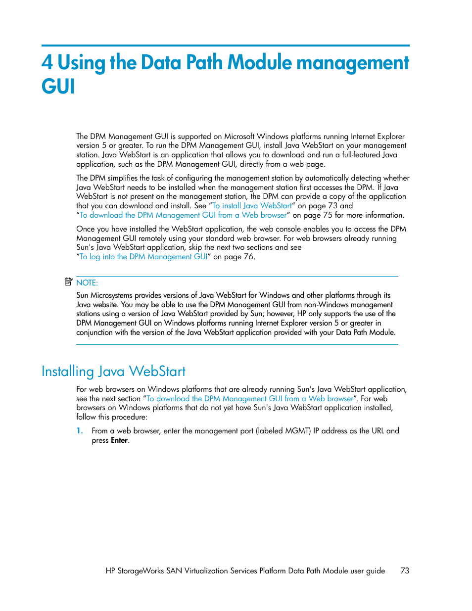 4 using the data path module management gui, Installing java webstart | HP SAN Virtualization Services Platform User Manual | Page 73 / 92