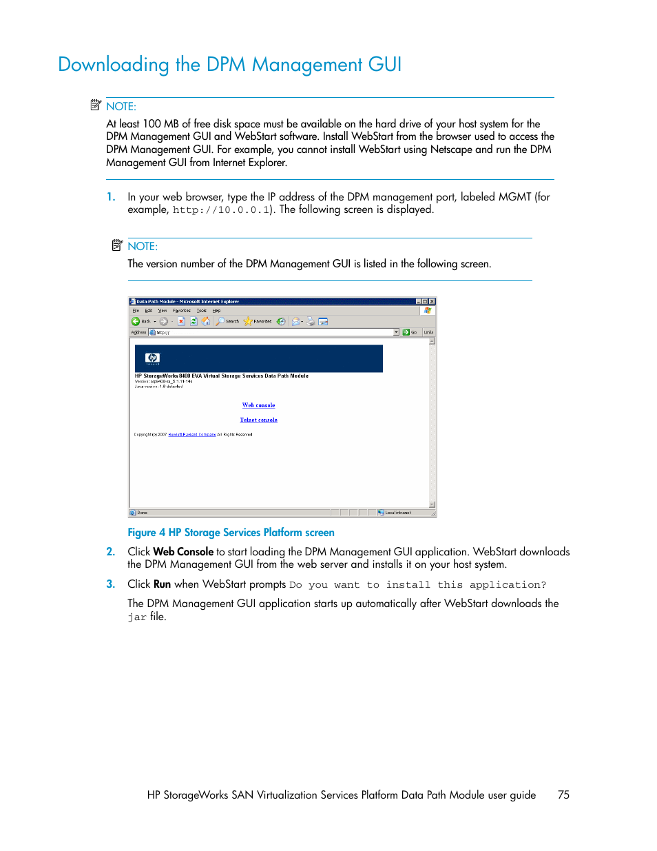 Downloading the dpm management gui, Hp storage services platform screen | HP SAN Virtualization Services Platform User Manual | Page 75 / 92