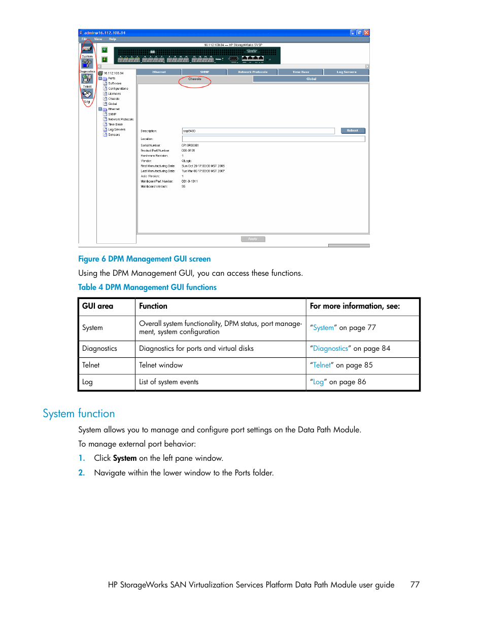 System function, Dpm management gui screen, Dpm management gui functions | HP SAN Virtualization Services Platform User Manual | Page 77 / 92