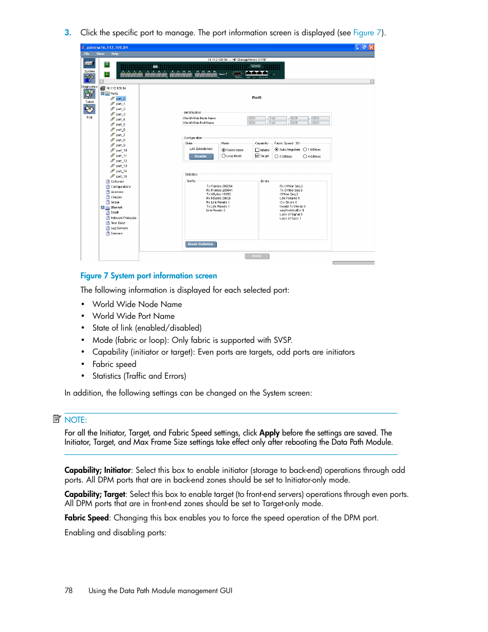 System port information screen | HP SAN Virtualization Services Platform User Manual | Page 78 / 92