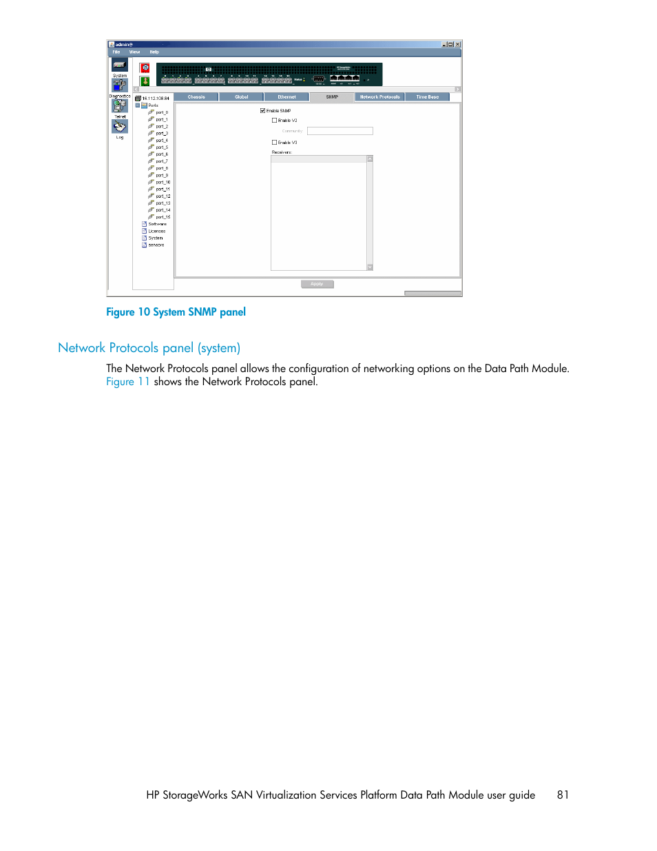 Network protocols panel (system), System snmp panel | HP SAN Virtualization Services Platform User Manual | Page 81 / 92