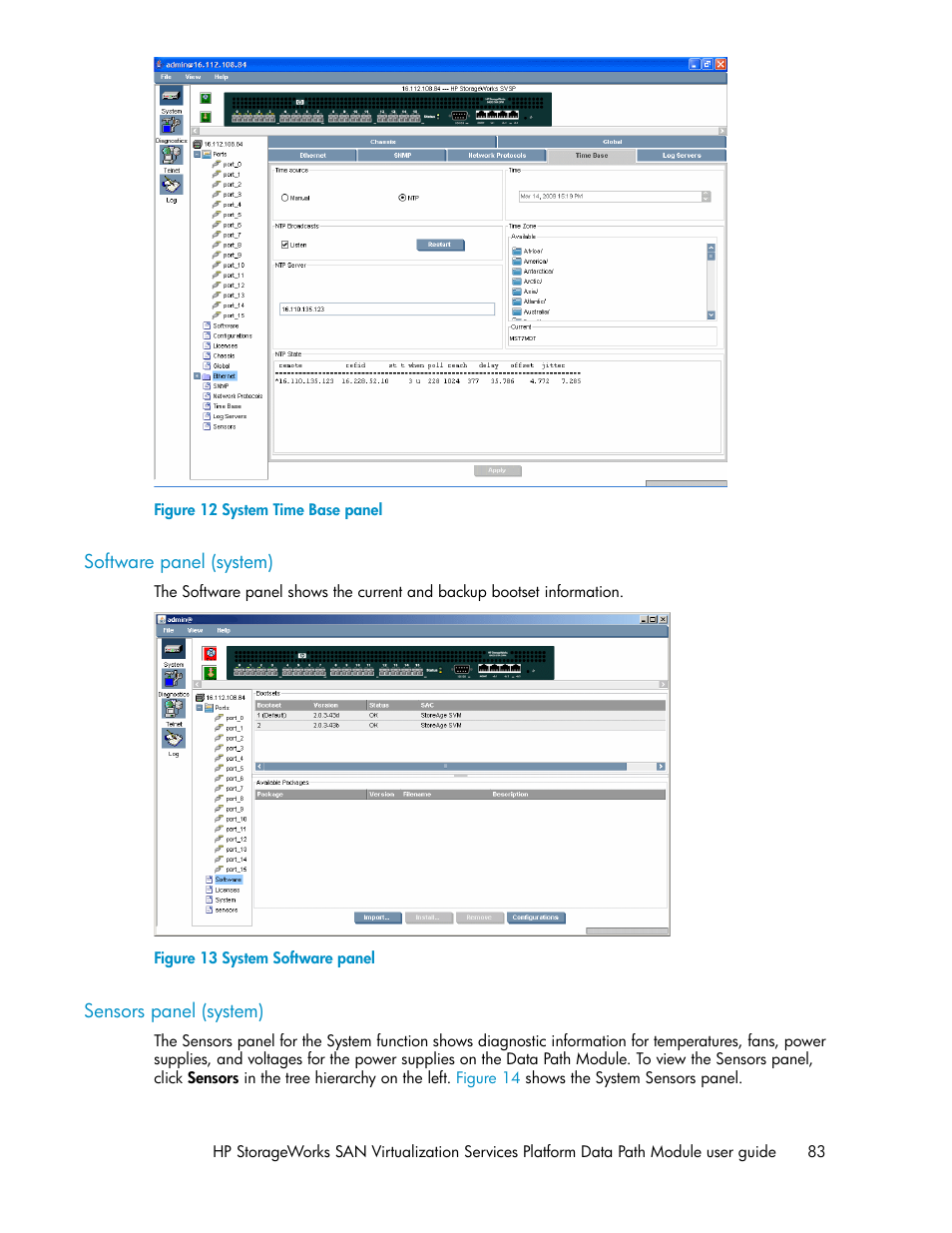 Software panel (system), Sensors panel (system), 83 sensors panel (system) | System time base panel, System software panel | HP SAN Virtualization Services Platform User Manual | Page 83 / 92
