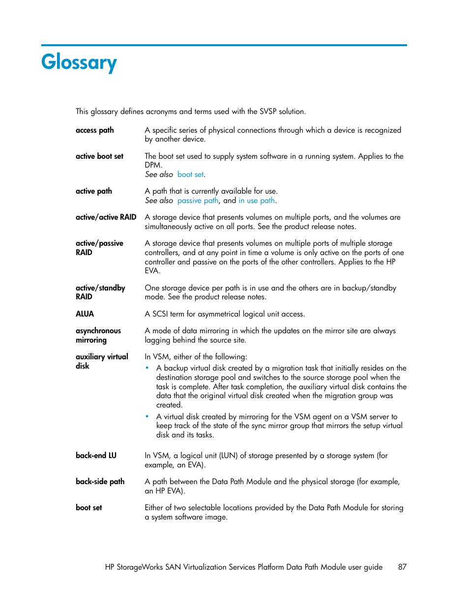 Glossary | HP SAN Virtualization Services Platform User Manual | Page 87 / 92