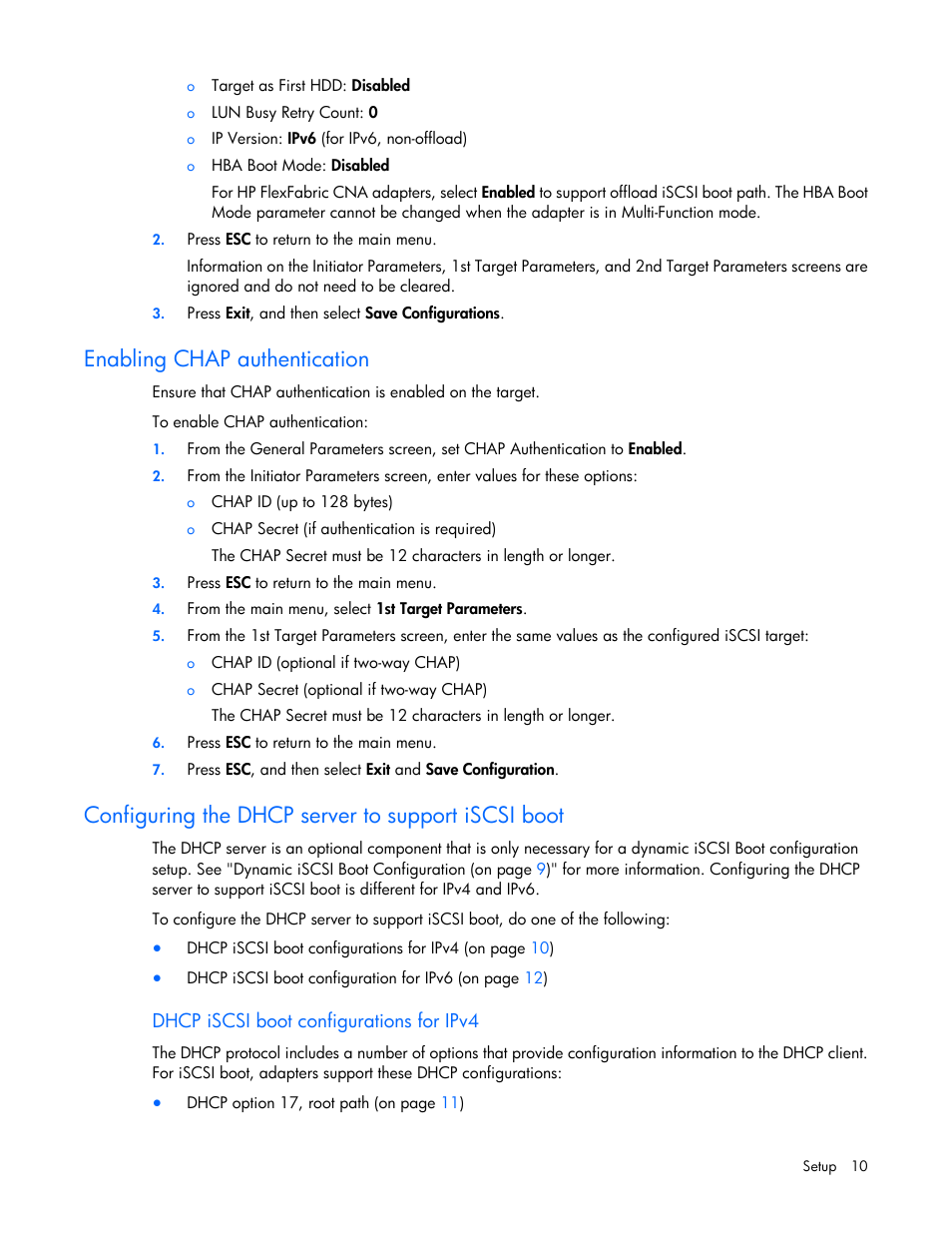 Enabling chap authentication, Configuring the dhcp server to support iscsi boot, Dhcp iscsi boot configurations for ipv4 | HP FlexFabric 10Gb 2-port 534FLR-SFP Adapter User Manual | Page 10 / 42