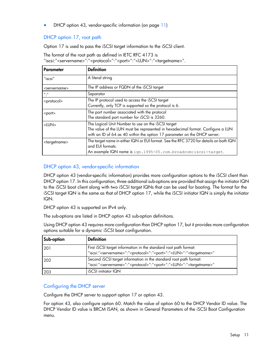 Dhcp option 17, root path, Dhcp option 43, vendor-specific information, Configuring the dhcp server | HP FlexFabric 10Gb 2-port 534FLR-SFP Adapter User Manual | Page 11 / 42