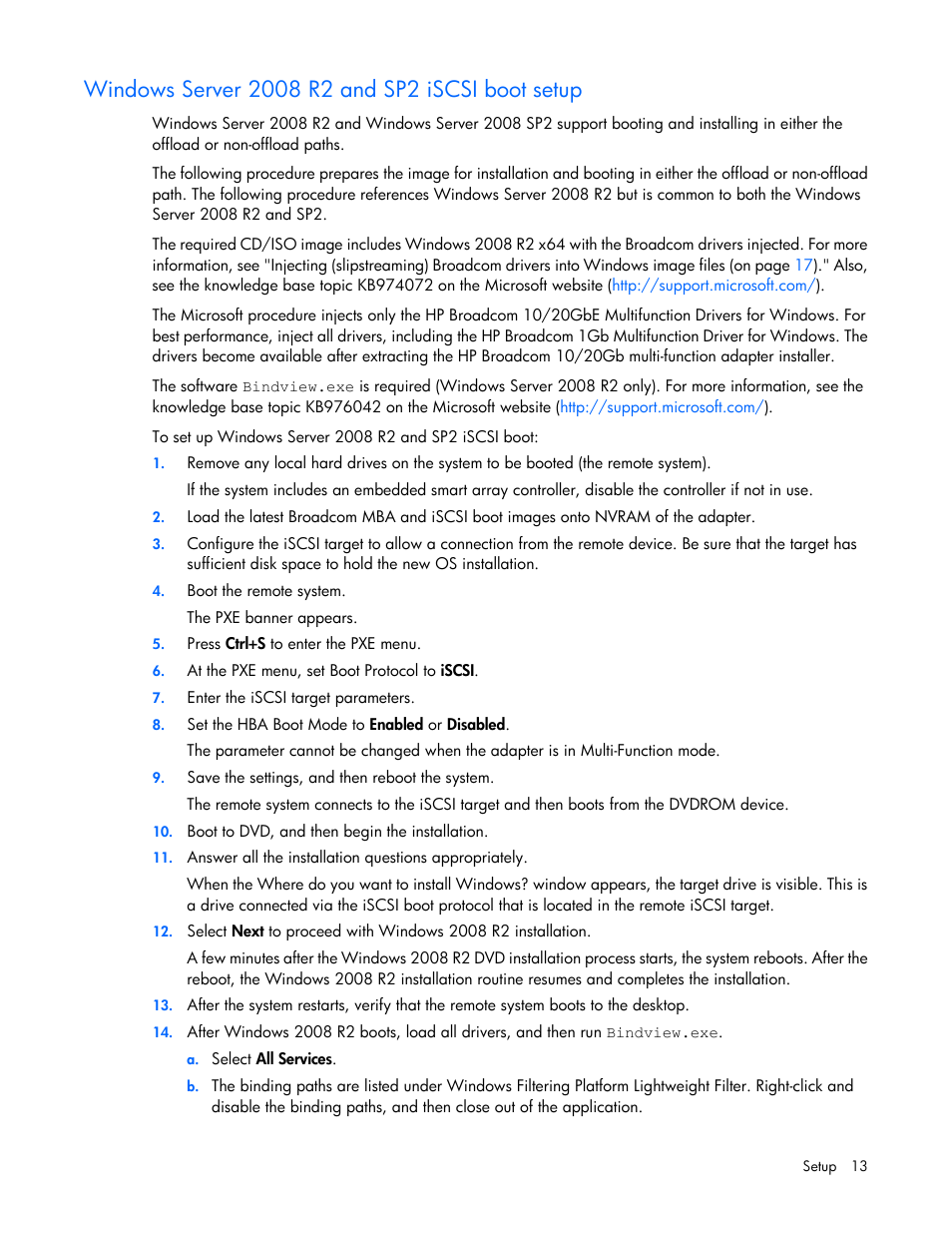 Windows server 2008 r2 and sp2 iscsi boot setup | HP FlexFabric 10Gb 2-port 534FLR-SFP Adapter User Manual | Page 13 / 42