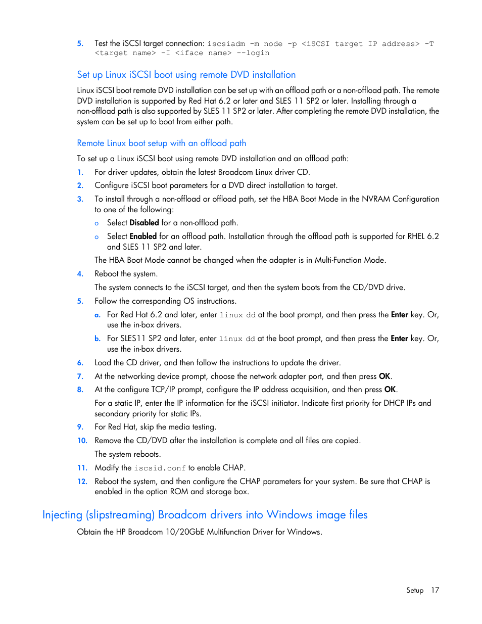 Remote linux boot setup with an offload path | HP FlexFabric 10Gb 2-port 534FLR-SFP Adapter User Manual | Page 17 / 42