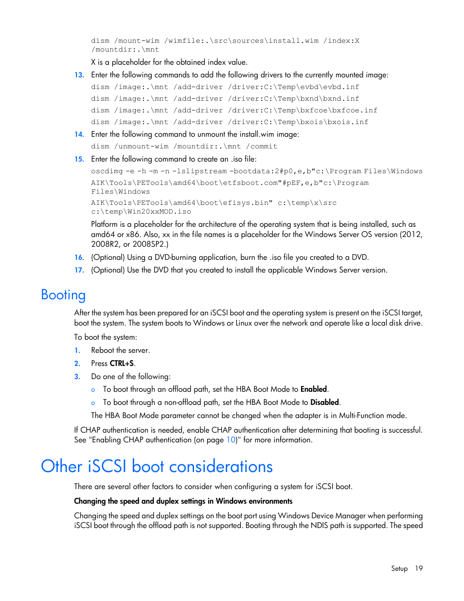 Booting, Other iscsi boot considerations | HP FlexFabric 10Gb 2-port 534FLR-SFP Adapter User Manual | Page 19 / 42