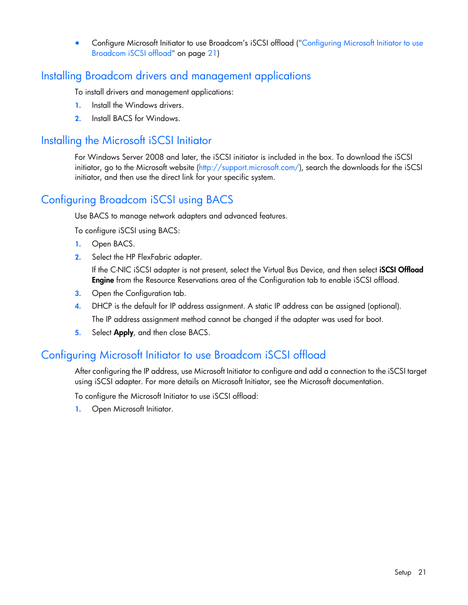 Installing the microsoft iscsi initiator, Configuring broadcom iscsi using bacs | HP FlexFabric 10Gb 2-port 534FLR-SFP Adapter User Manual | Page 21 / 42