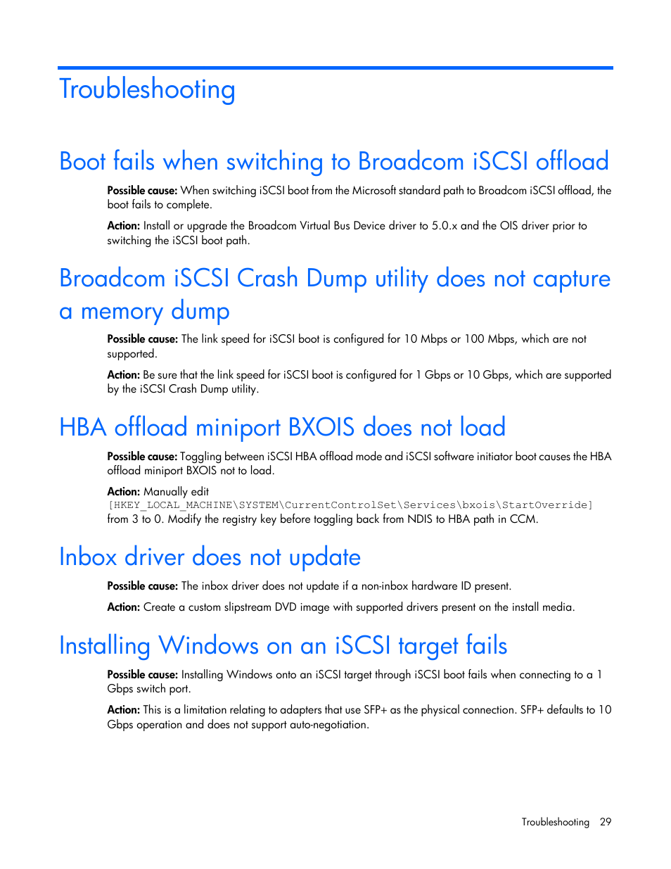 Troubleshooting, Hba offload miniport bxois does not load, Inbox driver does not update | Installing windows on an iscsi target fails | HP FlexFabric 10Gb 2-port 534FLR-SFP Adapter User Manual | Page 29 / 42