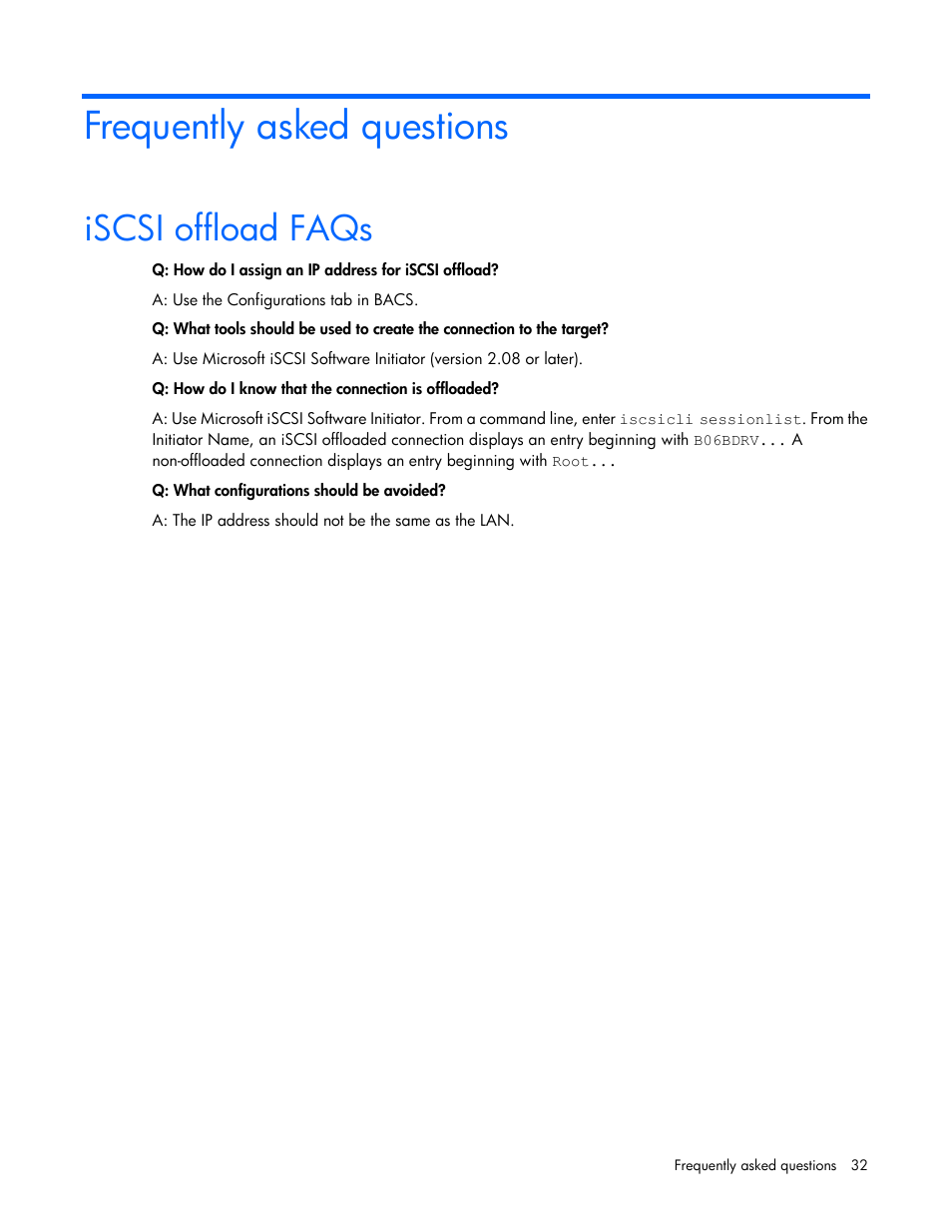 Frequently asked questions, Iscsi offload faqs | HP FlexFabric 10Gb 2-port 534FLR-SFP Adapter User Manual | Page 32 / 42