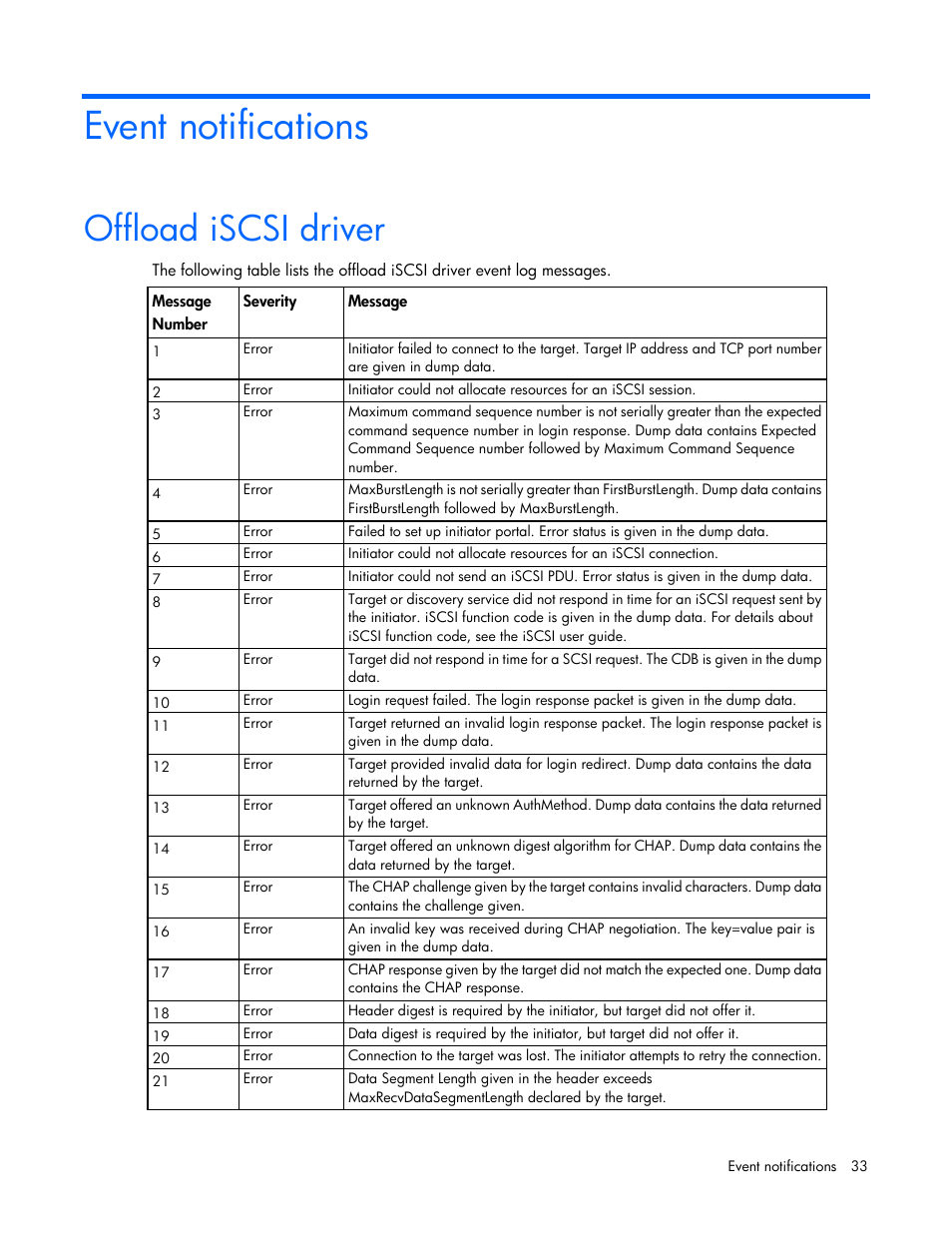 Event notifications, Offload iscsi driver | HP FlexFabric 10Gb 2-port 534FLR-SFP Adapter User Manual | Page 33 / 42