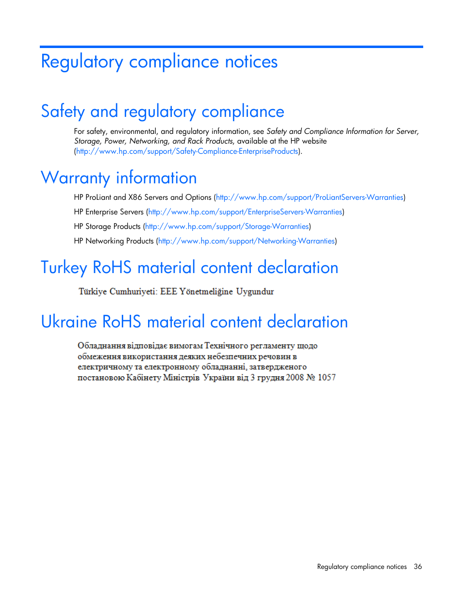 Regulatory compliance notices, Safety and regulatory compliance, Warranty information | Turkey rohs material content declaration, Ukraine rohs material content declaration | HP FlexFabric 10Gb 2-port 534FLR-SFP Adapter User Manual | Page 36 / 42