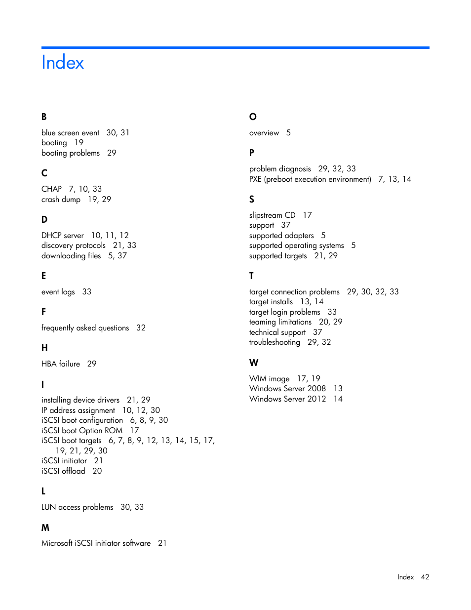 Index | HP FlexFabric 10Gb 2-port 534FLR-SFP Adapter User Manual | Page 42 / 42