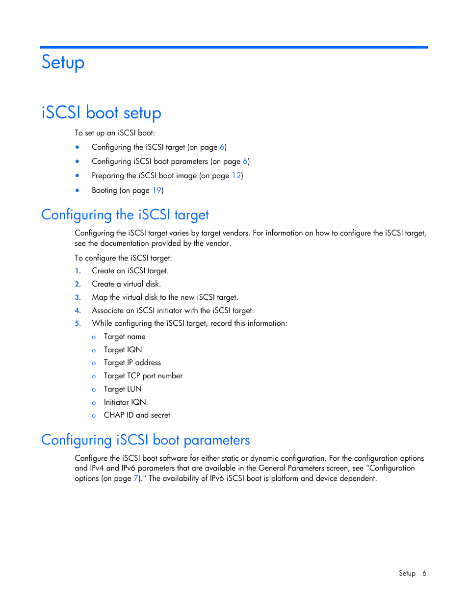 Setup, Iscsi boot setup, Configuring the iscsi target | Configuring iscsi boot parameters | HP FlexFabric 10Gb 2-port 534FLR-SFP Adapter User Manual | Page 6 / 42