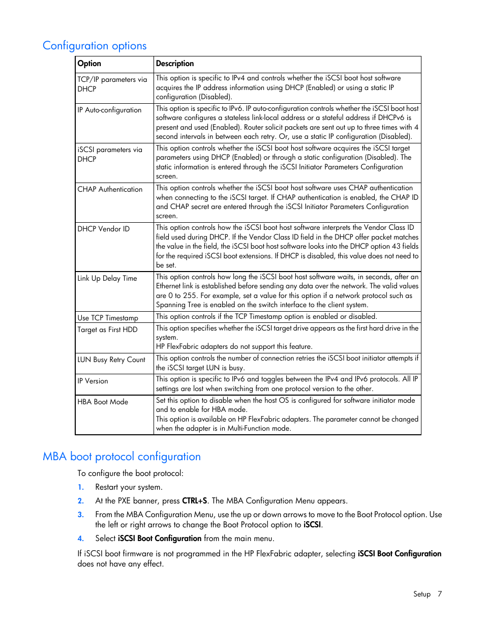 Configuration options, Mba boot protocol configuration | HP FlexFabric 10Gb 2-port 534FLR-SFP Adapter User Manual | Page 7 / 42