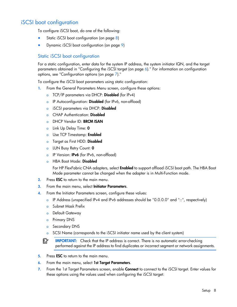 Iscsi boot configuration, Static iscsi boot configuration | HP FlexFabric 10Gb 2-port 534FLR-SFP Adapter User Manual | Page 8 / 42