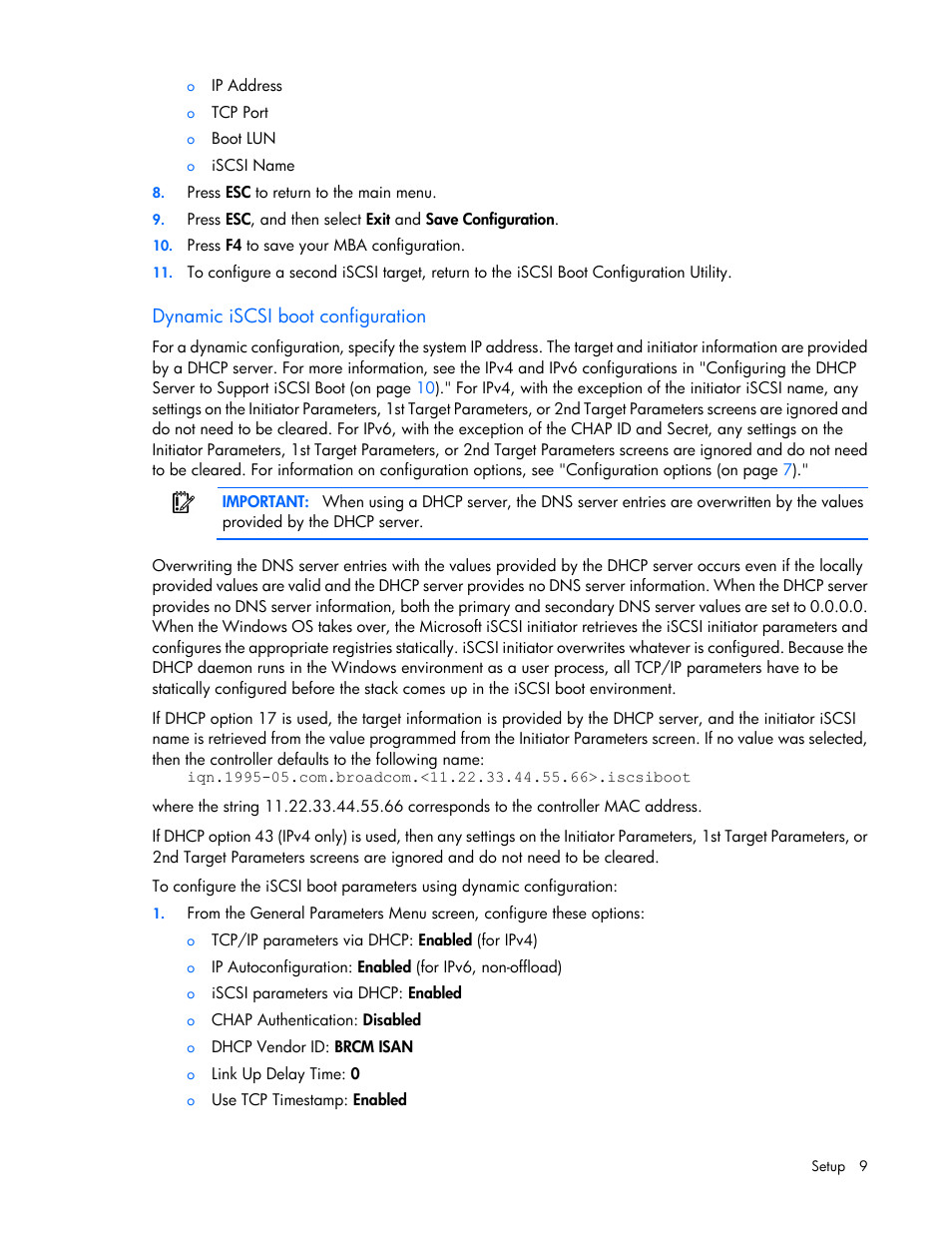 Dynamic iscsi boot configuration | HP FlexFabric 10Gb 2-port 534FLR-SFP Adapter User Manual | Page 9 / 42