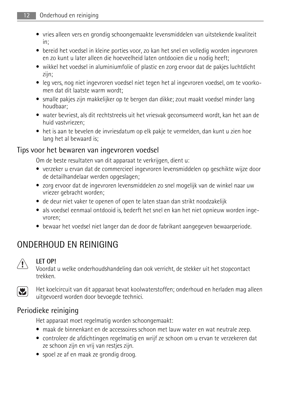 Onderhoud en reiniging, Tips voor het bewaren van ingevroren voedsel, Periodieke reiniging | AEG A72200GSW0 User Manual | Page 12 / 76