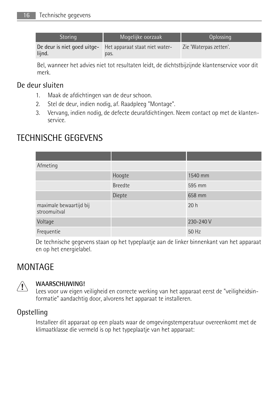 Technische gegevens, Montage, De deur sluiten | Opstelling | AEG A72200GSW0 User Manual | Page 16 / 76