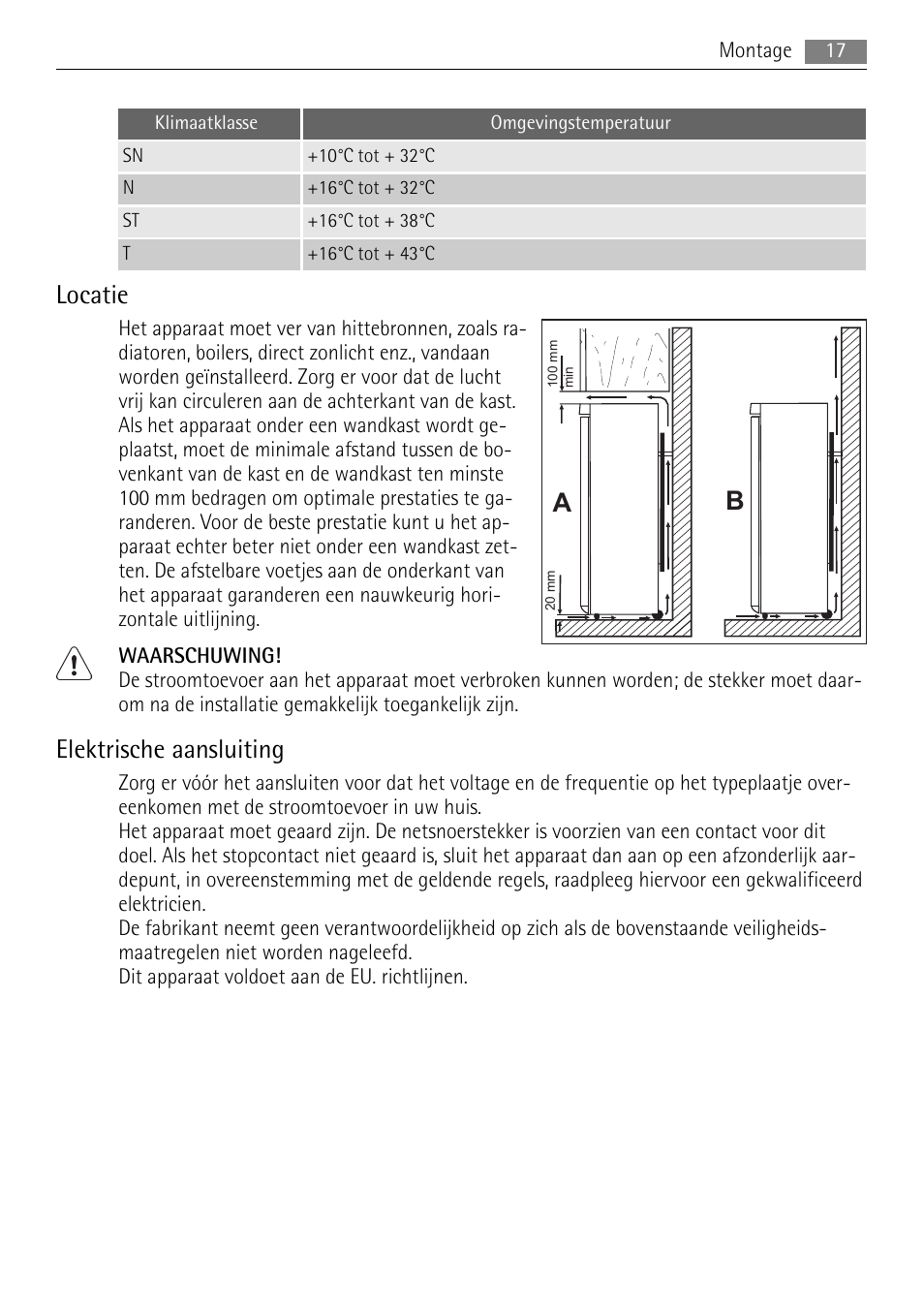 Locatie, Elektrische aansluiting | AEG A72200GSW0 User Manual | Page 17 / 76