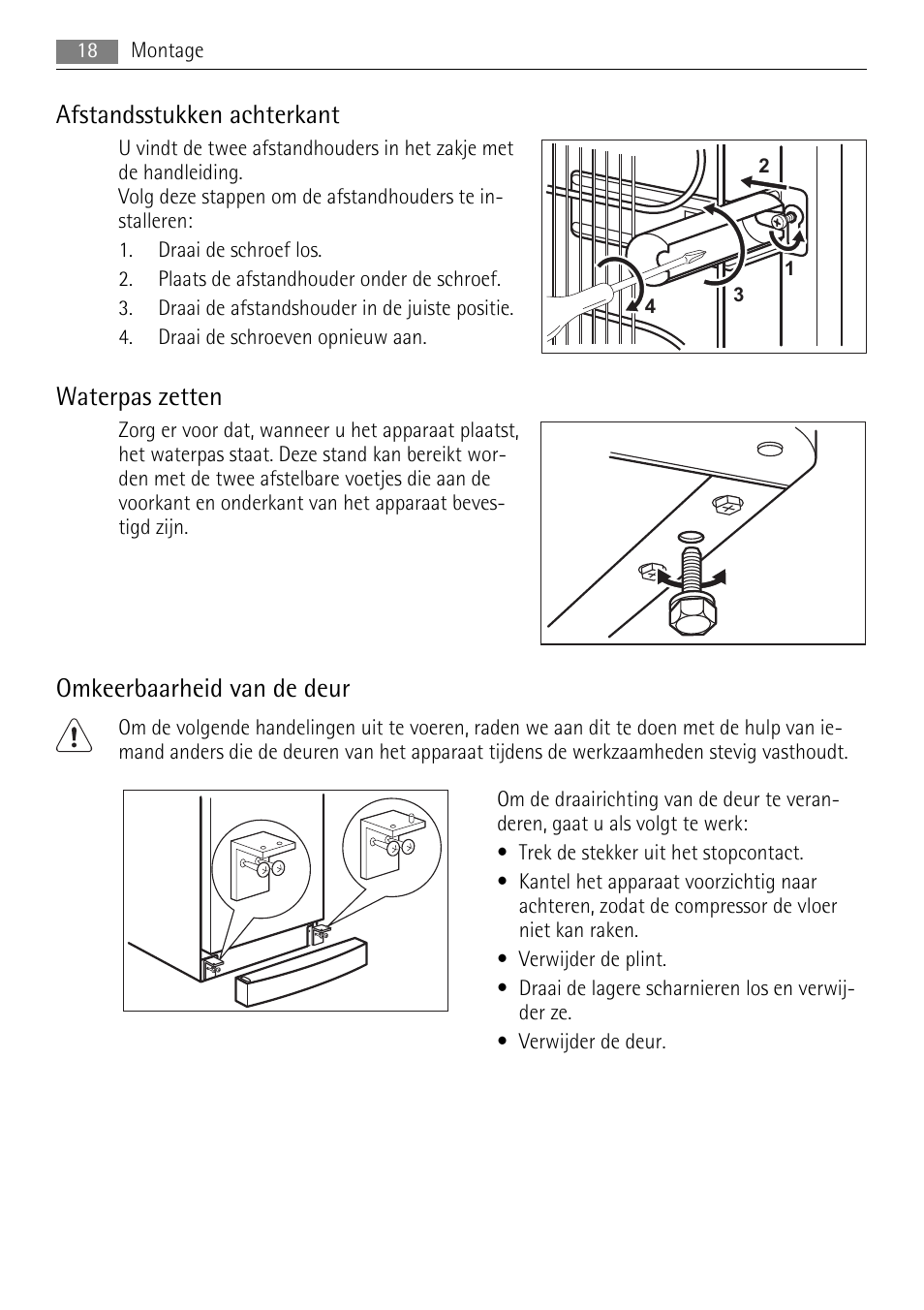 Afstandsstukken achterkant, Waterpas zetten, Omkeerbaarheid van de deur | AEG A72200GSW0 User Manual | Page 18 / 76