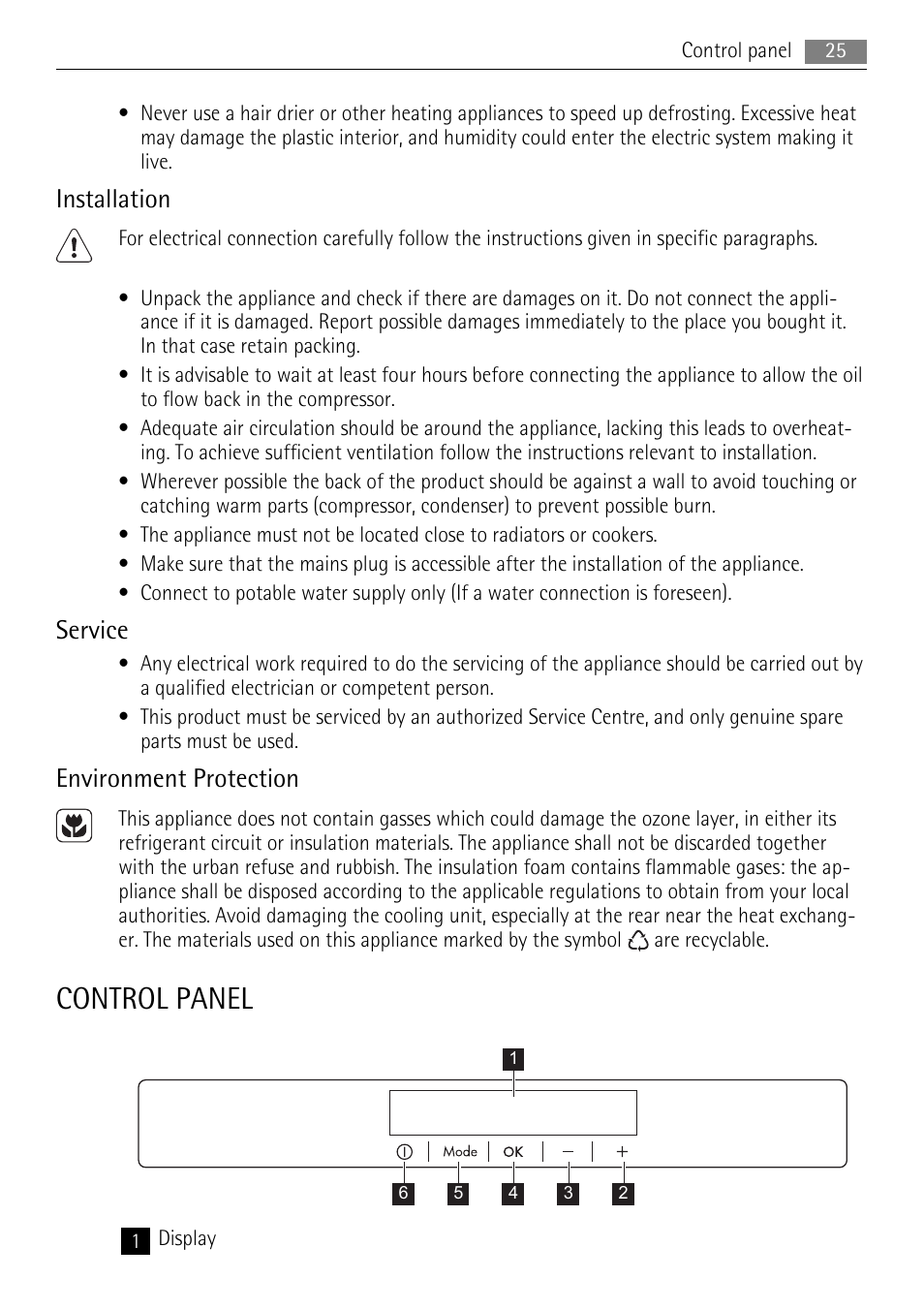 Control panel, Installation, Service | Environment protection | AEG A72200GSW0 User Manual | Page 25 / 76