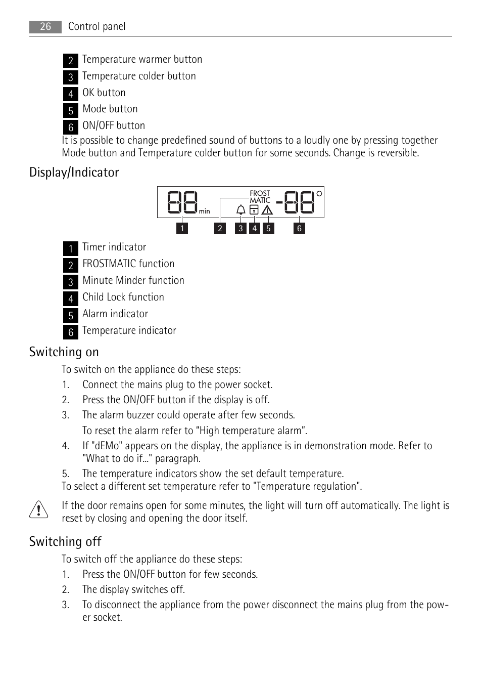 Display/indicator, Switching on, Switching off | AEG A72200GSW0 User Manual | Page 26 / 76