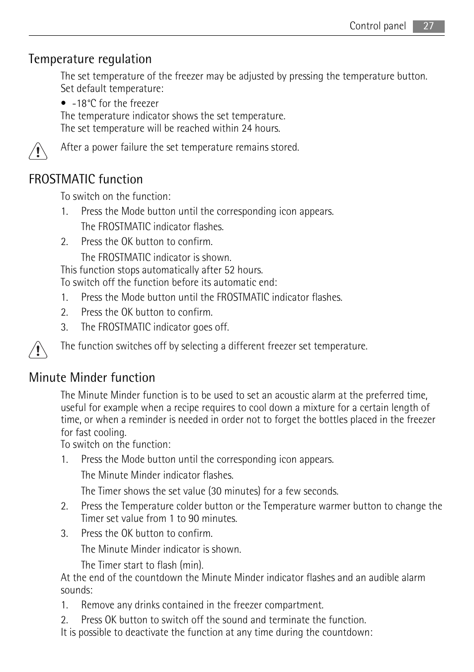 Temperature regulation, Frostmatic function, Minute minder function | AEG A72200GSW0 User Manual | Page 27 / 76