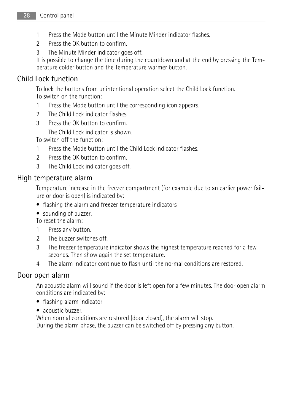 Child lock function, High temperature alarm, Door open alarm | AEG A72200GSW0 User Manual | Page 28 / 76