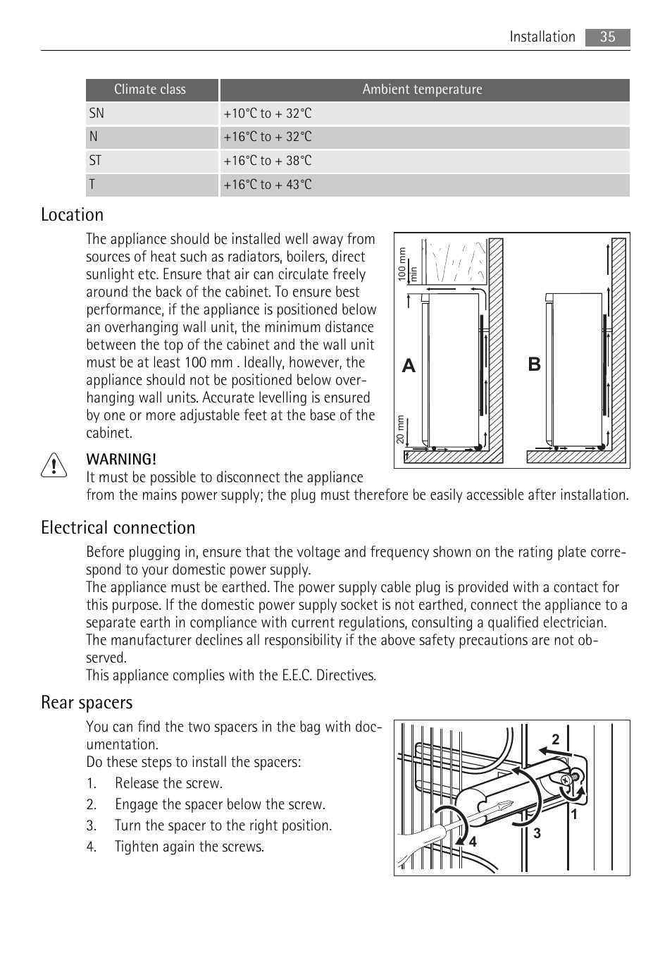Location, Electrical connection, Rear spacers | AEG A72200GSW0 User Manual | Page 35 / 76
