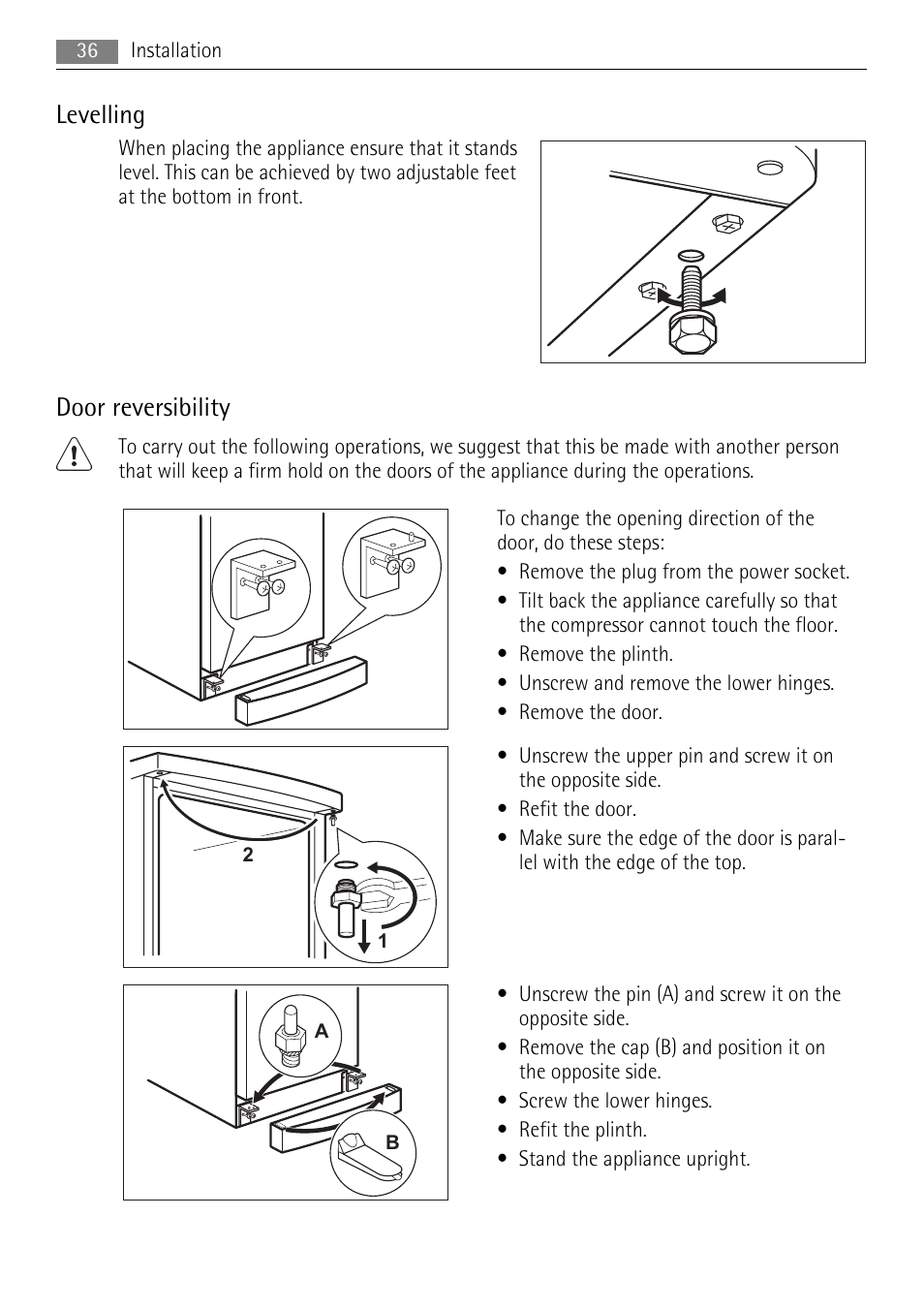 Levelling, Door reversibility | AEG A72200GSW0 User Manual | Page 36 / 76