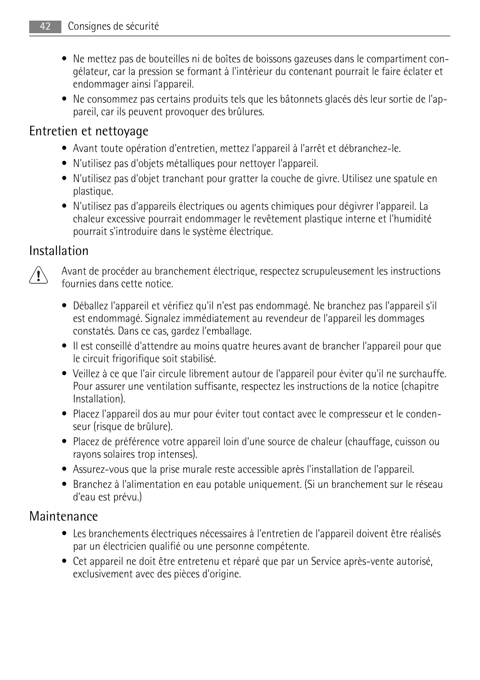 Entretien et nettoyage, Installation, Maintenance | AEG A72200GSW0 User Manual | Page 42 / 76