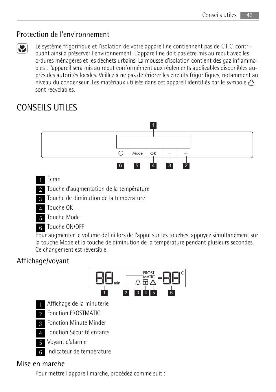 Conseils utiles, Protection de l'environnement, Affichage/voyant | Mise en marche | AEG A72200GSW0 User Manual | Page 43 / 76