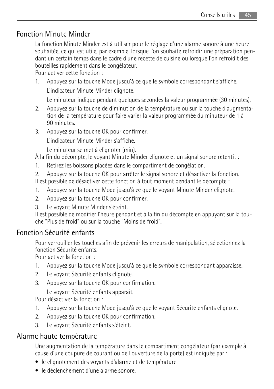 Fonction minute minder, Fonction sécurité enfants, Alarme haute température | AEG A72200GSW0 User Manual | Page 45 / 76