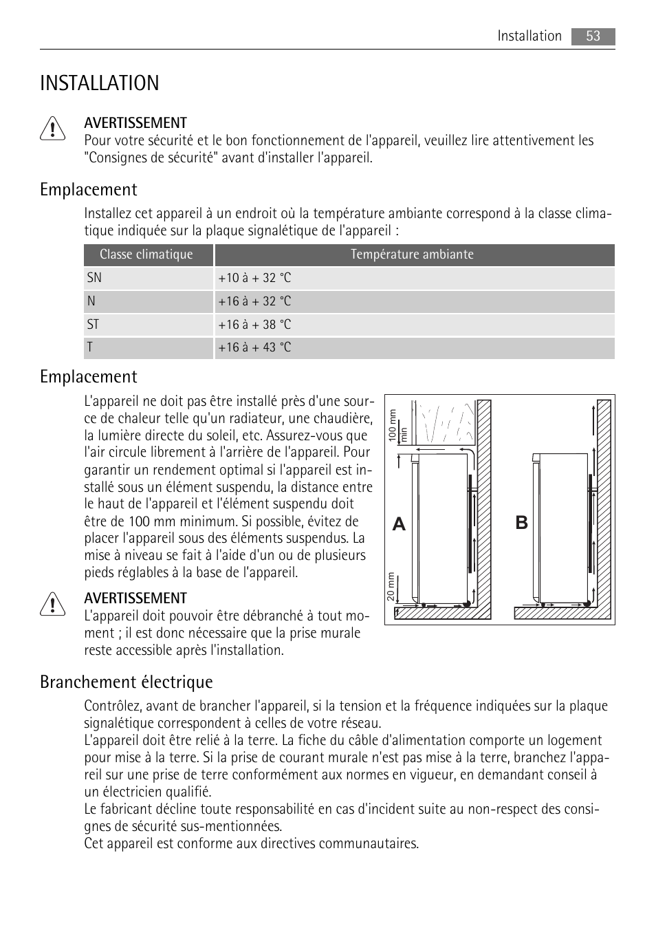 Installation, Emplacement, Branchement électrique | AEG A72200GSW0 User Manual | Page 53 / 76