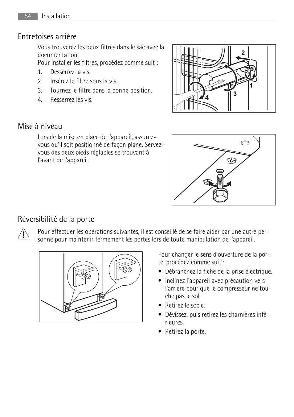 Entretoises arrière, Mise à niveau, Réversibilité de la porte | AEG A72200GSW0 User Manual | Page 54 / 76