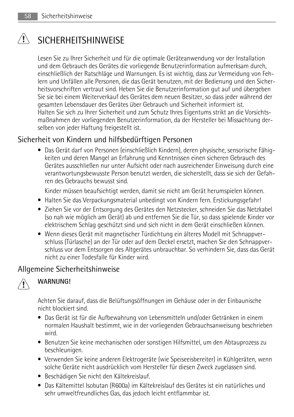 Sicherheitshinweise, Allgemeine sicherheitshinweise | AEG A72200GSW0 User Manual | Page 58 / 76