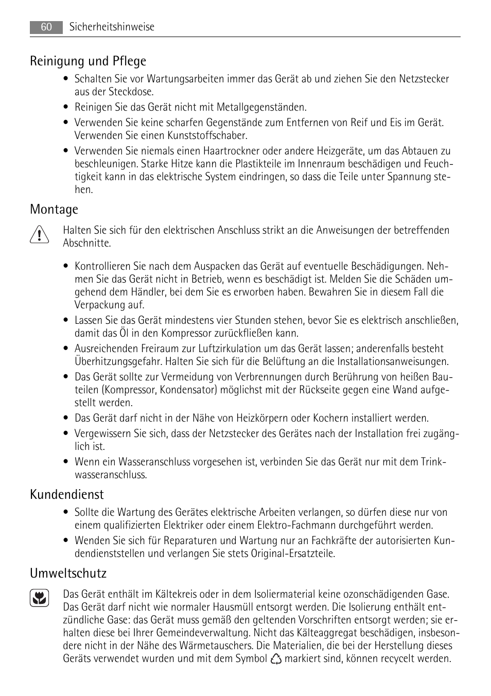 Reinigung und pflege, Montage, Kundendienst | Umweltschutz | AEG A72200GSW0 User Manual | Page 60 / 76