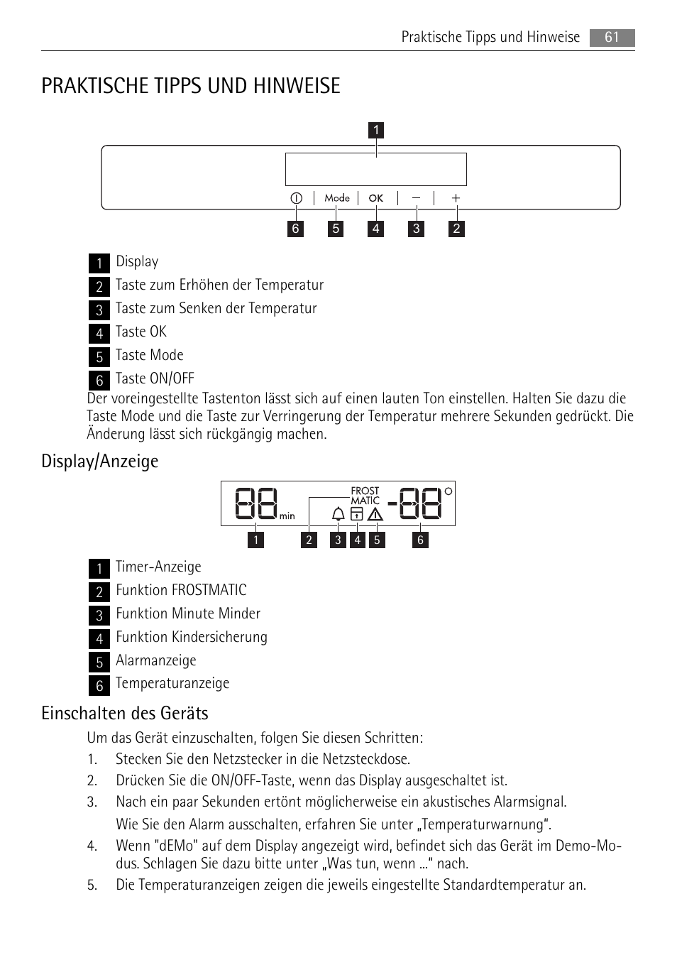 Praktische tipps und hinweise, Display/anzeige, Einschalten des geräts | AEG A72200GSW0 User Manual | Page 61 / 76