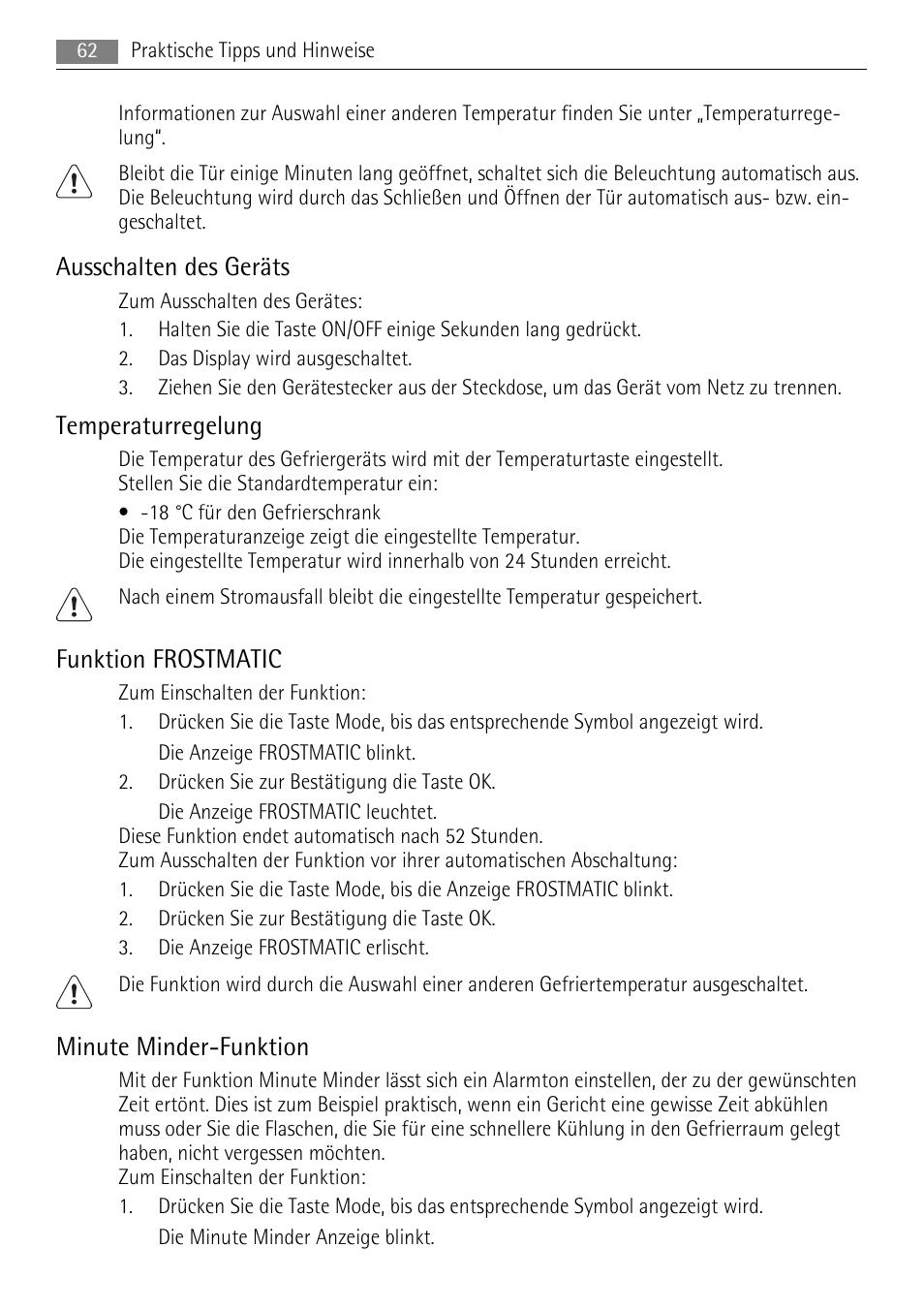 Ausschalten des geräts, Temperaturregelung, Funktion frostmatic | Minute minder-funktion | AEG A72200GSW0 User Manual | Page 62 / 76