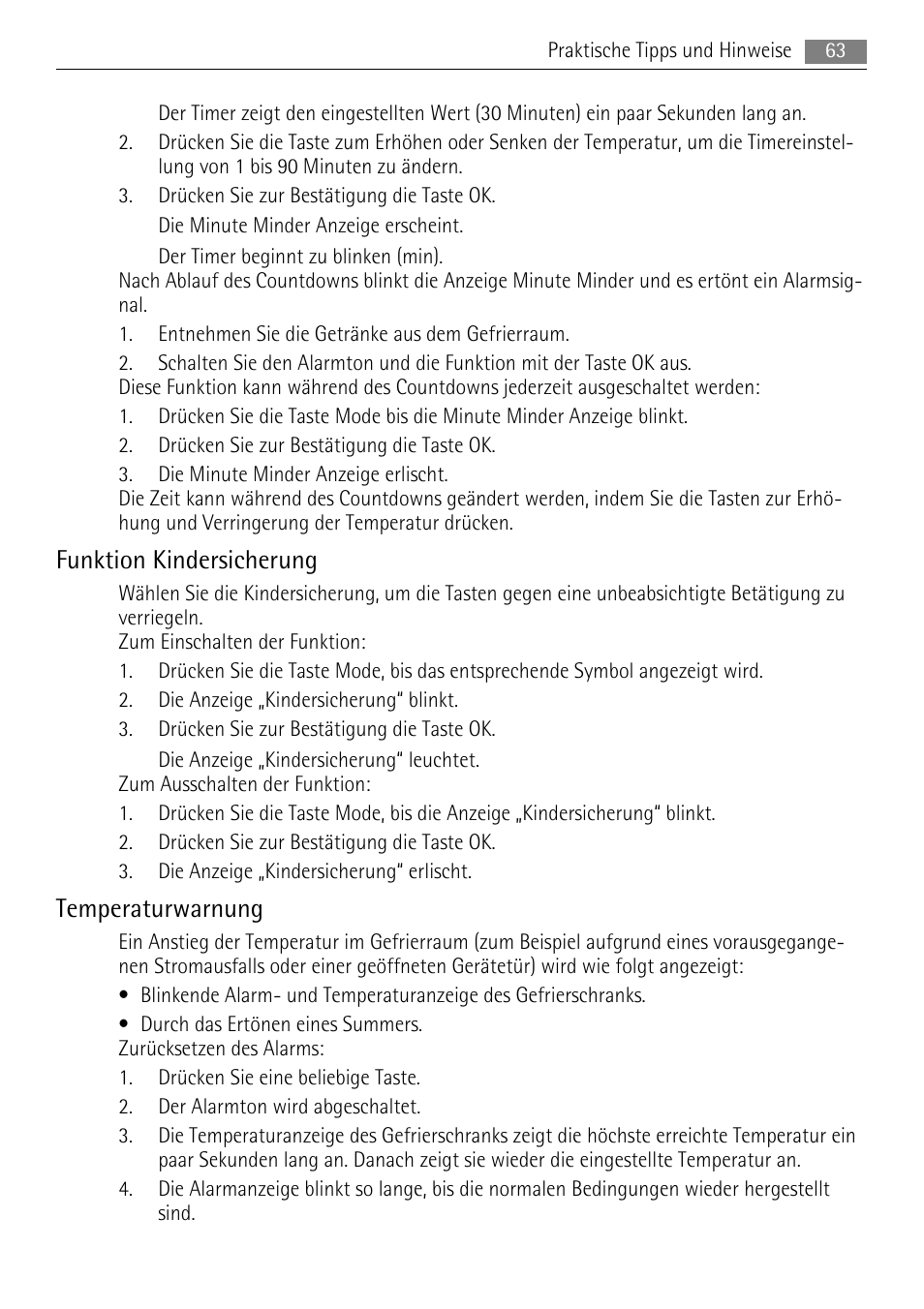 Funktion kindersicherung, Temperaturwarnung | AEG A72200GSW0 User Manual | Page 63 / 76