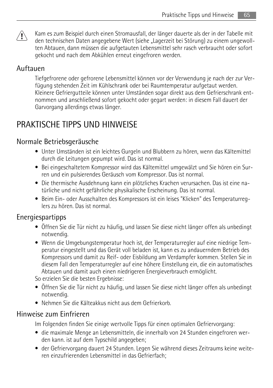 Praktische tipps und hinweise, Auftauen, Normale betriebsgeräusche | Energiespartipps, Hinweise zum einfrieren | AEG A72200GSW0 User Manual | Page 65 / 76