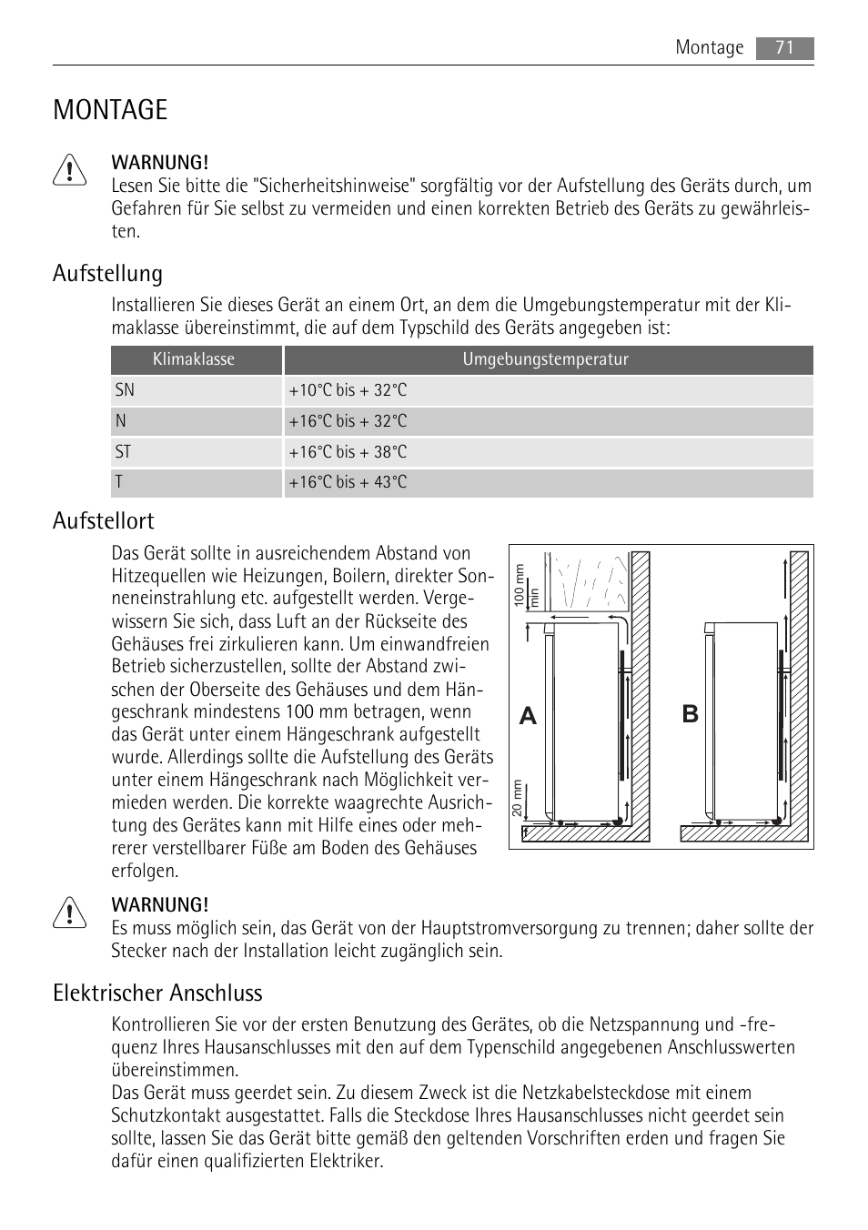 Montage, Aufstellung, Aufstellort | Elektrischer anschluss | AEG A72200GSW0 User Manual | Page 71 / 76