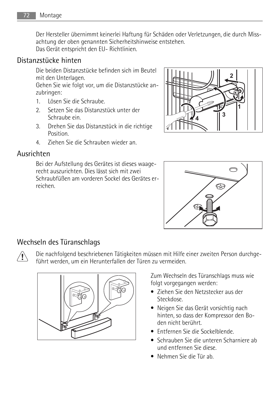 Distanzstücke hinten, Ausrichten, Wechseln des türanschlags | AEG A72200GSW0 User Manual | Page 72 / 76