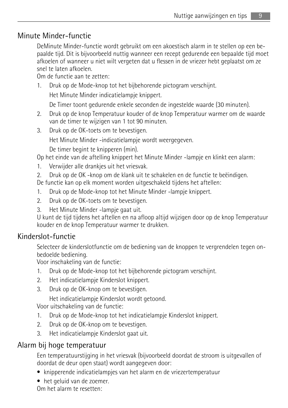 Minute minder-functie, Kinderslot-functie, Alarm bij hoge temperatuur | AEG A72200GSW0 User Manual | Page 9 / 76