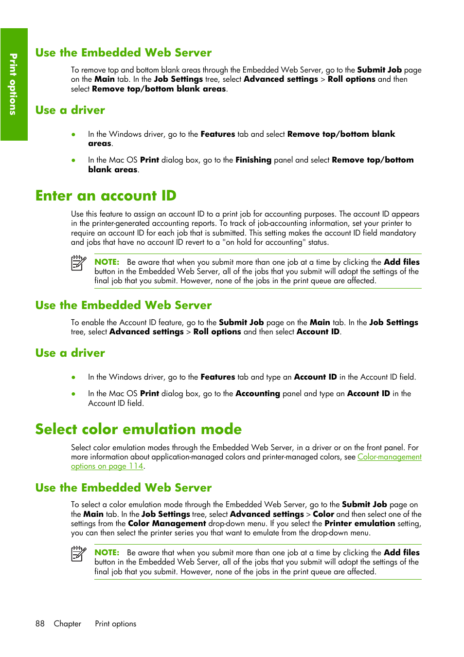 Enter an account id, Select color emulation mode, Use the embedded web server | Use a driver | HP Designjet Z6100 Printer series User Manual | Page 100 / 232
