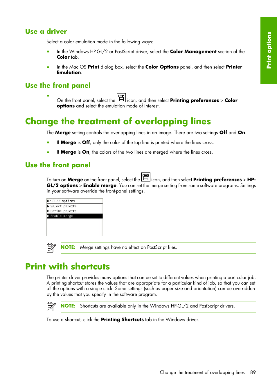 Change the treatment of overlapping lines, Print with shortcuts, Use a driver | Use the front panel | HP Designjet Z6100 Printer series User Manual | Page 101 / 232
